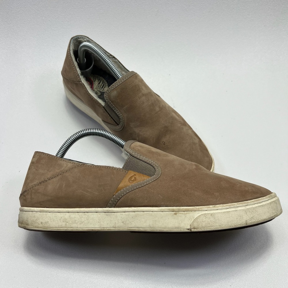OluKai Pehuea Heu Slip On Shoes Womens 10 Tapa Grey Leather Shearling Lined